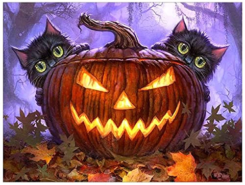 Jantabo 5D Diamond Painting Strass Complet Halloween, Broderie Diamant Peinture Kits Complète Chat Citrouille, Craft pour Accueil Cadre Home Decoration Murale Salon Chambre Décoration 30x40cm Cover