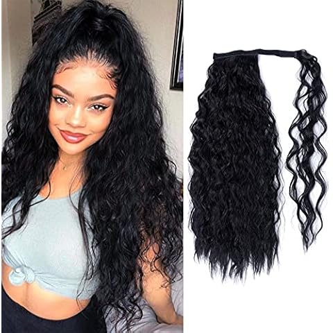 Teruntrue 24 Inches Long Curly Wrap Around Ponytail Hair Extension Black Natural Ponytail Extension Synthetic Clip in Ponytail Hair Extension Hairpiece for Women,Black(1B#) Cover
