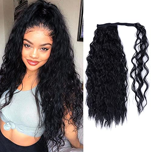 Teruntrue - Extensión de pelo de cola de caballo rizada de 24 pulgadas de largo, extensiones de cola de caballo envolventes, clip sintético en postizo de cola de caballo para mujer, negro (1B #) Cover