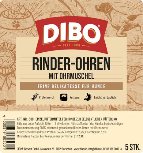 DIBO Rinderohren mit Muschel, 5er-Beutel, der kleine Naturkau-Snack oder Leckerli für Zwischendurch, Hundefutter, Qualitätskauartikel ohne Chemie