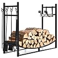Goplus Firewood Rack Indoor, 36” Firewood Holder with 4- Piece Fireplace Tools-Shovel, Poker, Tongs, Brush, Kindling Holders, Heavy Duty Indoor Log Storage Rack, Outdoor Wood Rack for Fire Pit, Stove