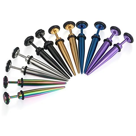 Cupimatch 6 Pairs 16G Stainless Steel Taper with O ring Stud Earring Illusion Fake Gauge Ear Plug Piercing Earrings Sets 8mm (5 mm) Cover