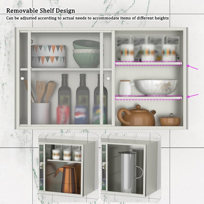 Armario de pared de acero inoxidable con puerta corrediza, almacenamiento resistente para baño y cocina, estantes desmontables, 70 x 50 x 30 cm, diseño plateado moderno
