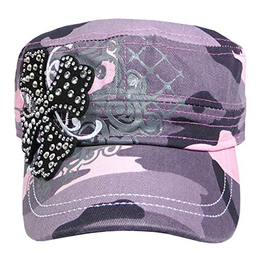 Silverfever Women's Military Cadet Cap Hat - Patch Cotton - Studded & Embroidered (Pink Camo, Classsic Chopper) #TOP1