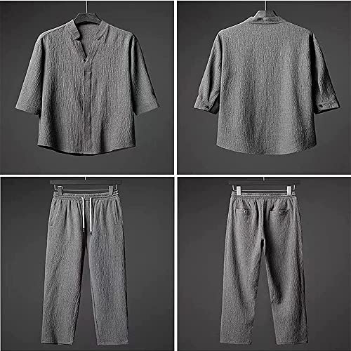 LULAND 2-teiliges Leinen-Set für Herren, Sommer-Strand-Urlaubsanzüge, lässiges Button-Down-Kurzarm-Hemd, Lange, lockere Hosen-Sets (White,5X-Large)