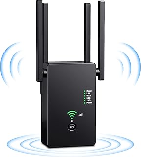 PAKESI WiFi Extender Signal Booster, 4 Antennas 360° Degree Full Coverage WiFi Extender Signal Amplifier,with AC1200 Dual Band Wireless Signal Booster,Coverage up to 2640sq.ft and 25 Devices