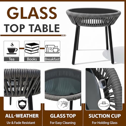 Image of OUTLIVING Braid & Rope 2 Seater Garden Patio Seating Chair and Table Set Outdoor Balcony Garden Coffee Table Set Furniture with 1 Table and 2 Chairs Set with Cushion (Grey)