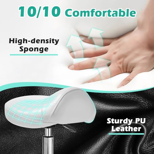 Image of Ergonomic Saddle Stool with wheels - Upgraded Thicker Leather Seat Cushion, Healthy Posture Correction, Silky Smooth Gliding, Adjustable Rolling Saddle Stool Chair for Salon Medical Massage, White
