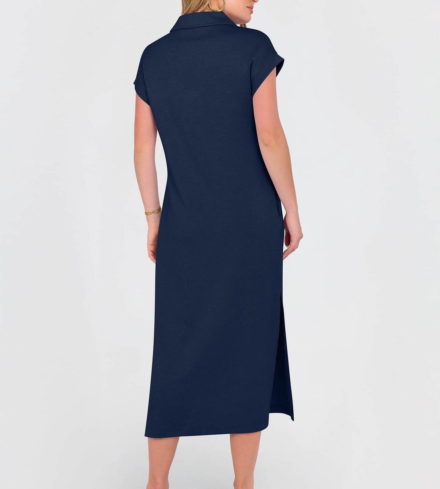 Robe maxi pour femme, col en V, manches courtes, fente latérale, Noir , XL | Robe longue avec col polo, col en V et manches à ailettes, coupe ample, couleur unie, avec fente latérale