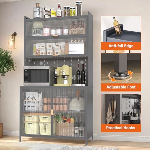 Image of Ball & Cast 73″Pantry Cabinet,Versatile Metal Storage Cabinet with Microwave Shelf,Pegboard Spacious, Adjustable Shelves Moden Kitchen Cabinet w /Anti-Tipping Safety for Kitchen,Dining Room,Grey