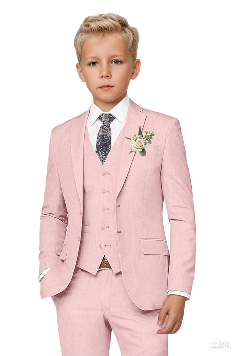 Botong Boys Linen Suit for Summer Wedding 3 PC Notch Lapel Kids Tuxedos Toddler Formal Wear Pink 12T