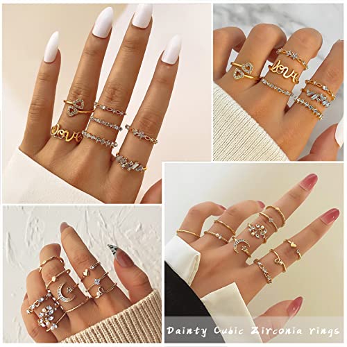 IFKM Gold Knuckle Rings Set For Women Vintage Stackable Joint Finger Midi Rings Dainty Cubic Zirconia Crystal Simple Twist Hollow Cute Pack Jewelry Gift (51 fasinon, Gold)4