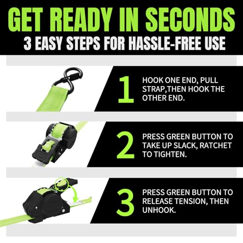 Image of Retractable Ratchet Straps, 4-Pack, 1 Inch x 12 Feet Heavy Duty Tie Downs, 1760lb Break Strength, Self Retracting for Truck, Cargo, Trailer, Motorcycle, ATV, UTV (Green, 8pack)