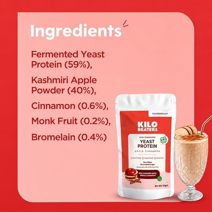 Image of Kilobeaters Fermented Yeast Protein Powder 50g (Pack of 8) | Combo Pack of 2 | Apple Cinnamon Flavour | 24g Protein Per Serving | Vegan Plant Protein | Gut Friendly | Gluten Free | Zero Added Sugar |
