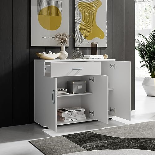 Stella Trading Sideboard in Weiß - Moderne Kommode mit Schublade und viel Stauraum für Wohnzimmer, Esszimmer und Flur - 90 x 70 x 30 cm (B/H/T)