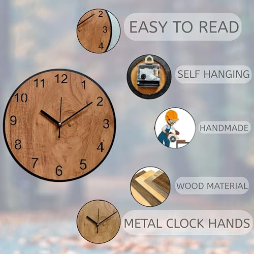 Image of Wooden Wall Clock for Living Room & Office - Classic Round Analog Ticking Decorative Clock 30.5CM