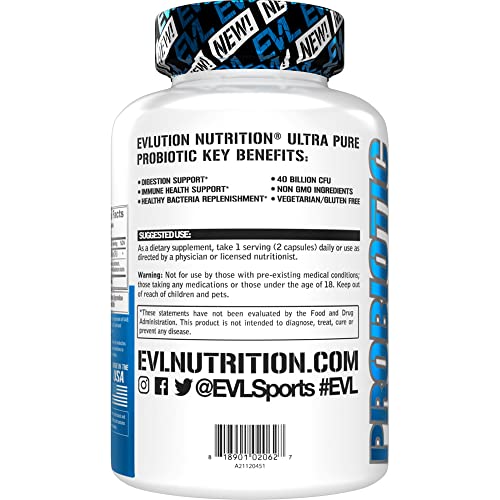 Evlution Nutrition Probiotic - 60 Probiotic Veggie Capsules - 40 Billion Cfus Per Serving - Easy To Swallow Probiotic Supplement #TOP3