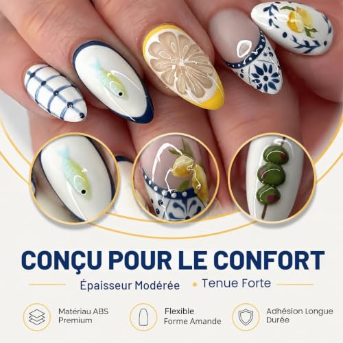 Cosblisvia Press On Nails Court, Ongles à Poser pour Débutants, Ronger, Voyageurs, 24 Pièces Faux Ongles 3D pour les Vacances d'Été, Fêtes à la Plage, Quotidien (Bleu, Forme Amande) – vue 6