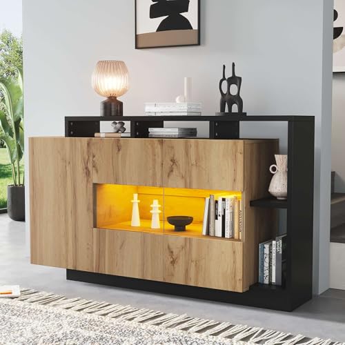 Sweiko Meuble de Rangement Design avec LED,Armoire de Salon Meuble Cuisine avec Étagères Ajustables, Meuble Bas Contemporain en MDF
