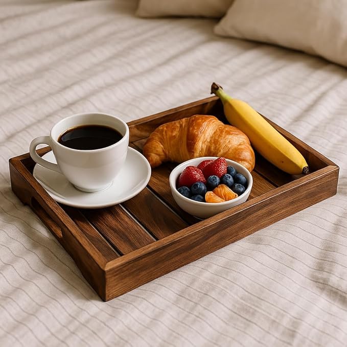 Wooden Serving Tray Solid Wood Rectangular Tray with Raised Edges for Coffee, Food & Snacks, Home & Hotel Use
