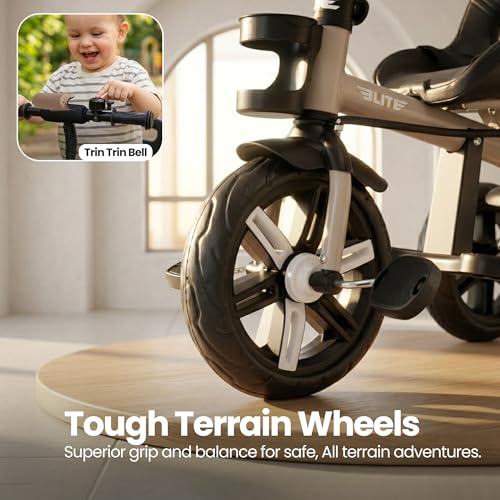 Image of Luusa Elite Pro 4-in-1 Kids Tricycle with Parent Push Handle, Adjustable Canopy, Safety Seat with Seat Belt, Storage Basket & Cup Holder | Toddler Trike for 1-4 Years Boys & Girls (Beige)