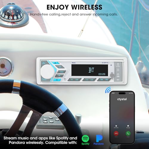 Image of Single Din Marine Radio Bluetooth: Boat Stereo Receiver - Push to Talk Assistant Digital LCD Screen AM FM Tuner 4 Volts Preamp Outputs 2 Subwoofer Ports USB Charging Aux-in Remote Control