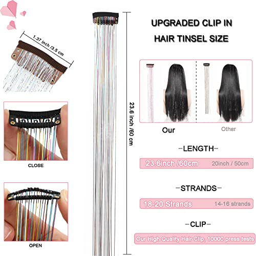 6 Pieces Clip In Hair Tinsel Heat Resistant 23.6 Inch Fairy Hair Tinsel Kit Clip In Tinsel Hair Extensions, Glitter Hair Tensile Clip In On Sparkling Shiny Colorful Hair Accessories For Women Girls Kids (Rainbow) #TOP2