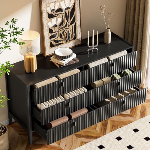 Image of Furniway Black 6 Drawer Dresser, Modern Wide Dresser for Bedroom, Fluted Wood Chest of Drawers with Metal Handles for Clothes, Storage Cabinet for Living Room, Entryway, Office