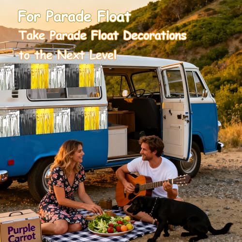 Image of 4 Packs Total 39 Ft Parade Floats for Trailer Car, Black Gold Silver Foil Fringe Garland Tinsel Streamers Banner Table Skirts for Graduation Homecoming New Year's Eve Birthday Party Decor