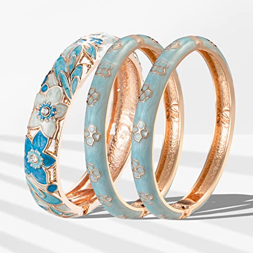 Ujoy Fashion Cloisonne Bangle Jewelry Hollowed Rose Handmade Enamel Gifts Cuff Open Bracelet Bangles For Women Gilrs 88A11 3Pcs-Blue #TOP1