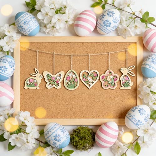 VgxRolq 24 Stück Osterdeko Anhänger Holz, Frühlingsdeko mit Hasen Ostereier Schmetterlinge Blumen, Ostern Deko, Frühlingsdeko zum Aufhängen für Wände, Fenster, Körbe, Äste