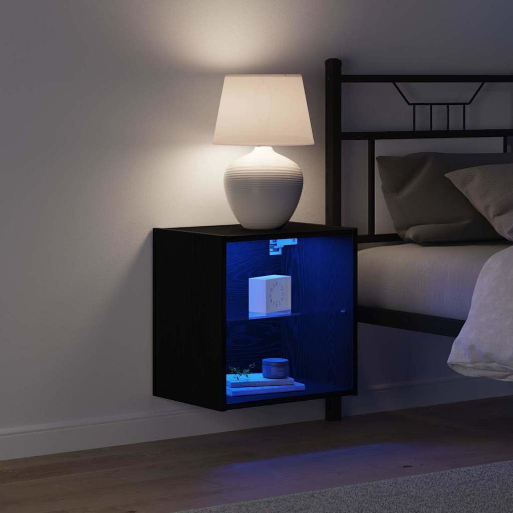 Pływający regał z oświetleniem LED, czarny, z materiału drewnopochodnego, 40 x 28,5 x 40 cm, 3 deski, miejsce do przechowywania do salonu, sypialni, biura, nowoczesne wzornictwo, oszczędność