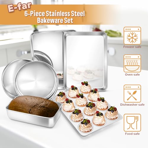 E-far 6-Piece Baking Pans set, Stainless Steel Bakeware Set for Oven, Include 8-Inch Cake Pan/Rectangle Baking Cookie Sheet/Muffin/Loaf Pan, Non-Toxic & Heavy Duty, Dishwasher Safe by E-far - Image 6