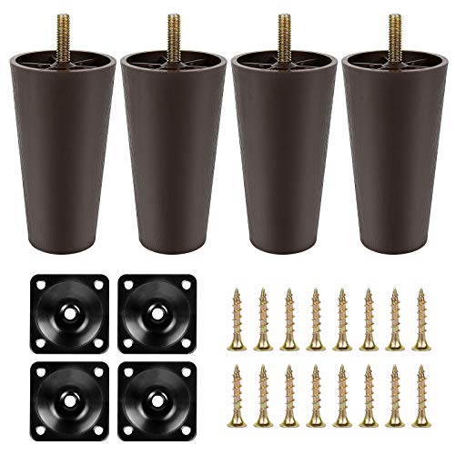 Sofa Legs of Walnut Color, GGLTECK Tapered Plastic Sofa Couch and Chair Legs M8 Thread (Metric 8mm) Replacement Furniture Legs- Set of 4 with Leg Mounting Plates, Perfect for IKEA Or US Made