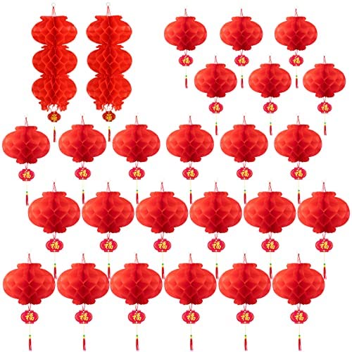 30 Pieces Chinese Round Hanging Red Paper Lanterns Decorations for 2024 New Year Spring Festival Party Decor, Wedding and Restaurant