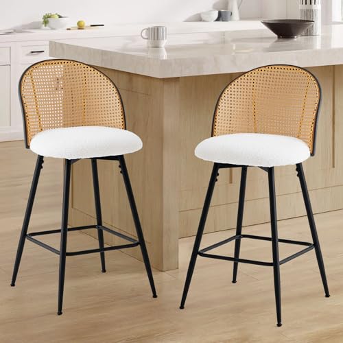 Counter-Height-Bar-Stools-Set-of-2-360-Swivel-Upholstered-Barstools-with-Rattan-Full-Back-and-Metal-Legs-Boucle-Fabric-Seat-26-Mid-Century-Modern-Counter-Stool-Kitchen-Island-Bar-Chairs-White Counter Height Bar Stools Set of 2 360 Swivel Upholstered Barstools with Rattan Full Back and Metal Legs Boucle Fabric Seat 26 Mid Century Modern Counter Stool Kitchen Island Bar Chairs White