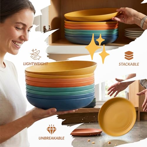 Image of Homienly Deep Dinner Plates Set of 8 Alternative for Plastic Plates Microwave and Dishwasher Safe Wheat Straw Plates for Kitchen Unbreakable Salad Plate with 4 Colors (Colorful, 11 inch)