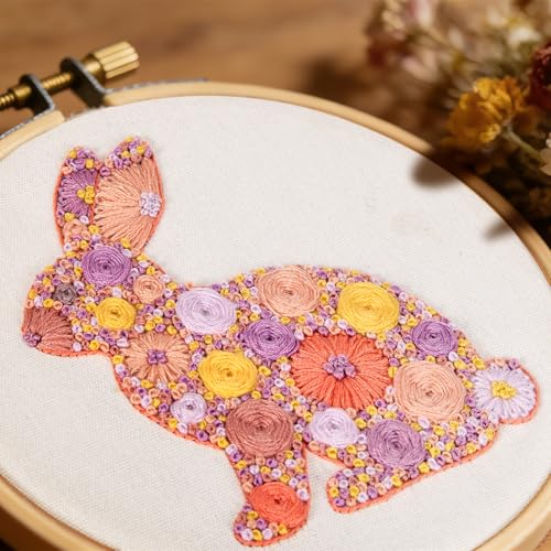 Image of Easter Embroidery Kits for Beginners Adults, Flowers Bunny Embroidery Kits, Hand Stamped Cross Stitch Kits for Beginners Adults & Women Easter Gifts, Entire Set of Embroidery Supplies & Video Tutorial