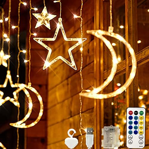 BeauFIvv LED Sterne Mond Lichtervorhang, 138 LED 8 Modi Lichterketten, IP65 Wetterfest USB Port Ladung und batterie Lichterkette für Innen Outdoor Weihnachten Deko, Balkon, Party, Hochzeit