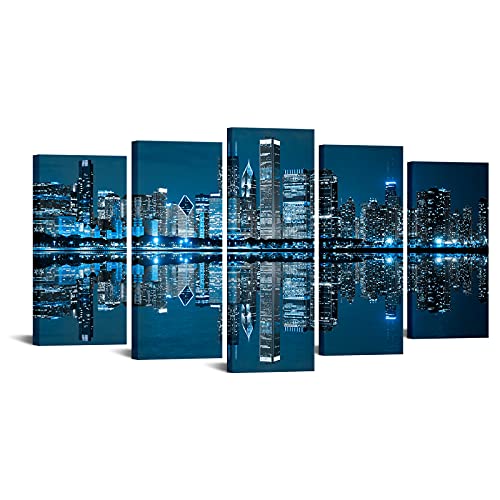 LevvArts Chicago Canvas Wall Art Chicago Skyline Picture Painting Blue City Night Decoration for Office Living Room (Large)
