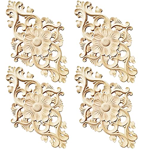 Mikqky 4 Stück Schnitzerei Ornament Applique, Holz Verzierung Schnitzerei Ornament, Ornament Onlay Applique Frame, Appliques Schnitzerei Ornament, Holz Schnitzerei Ornament Cover