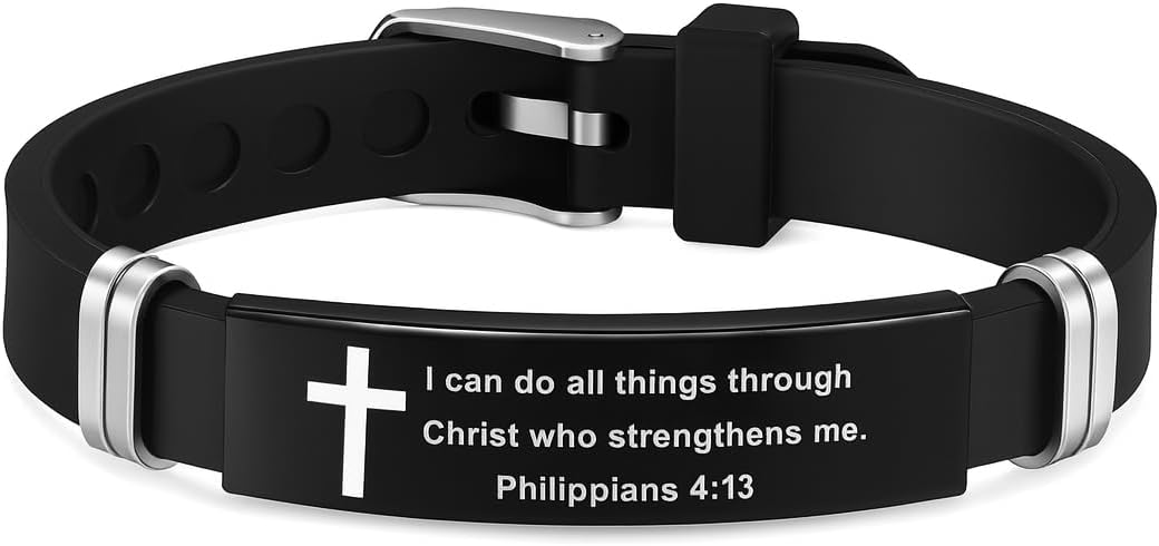 Christian Cross Bracelet with Proverbs 3:5, Phillipians 4:13, Matthew 19:26, Isaiah 41:10, Luke 1:37, Matthew 28:20 Scripture, Black Silicone Adjustable Watch Band, 9.05 inch Length