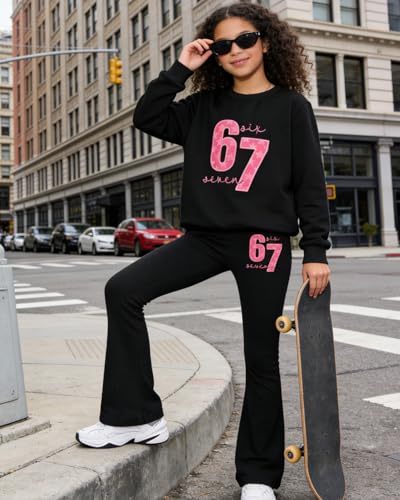 Image of OLMRJKD Girls 2 Piece Outfits Long Sleeve Letter Printed Sweatshirt & Flared Pants Fall Clothing Set Size 7-14 Years