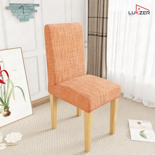 Image of Lukzer Elastic Dining Chair Cover - 2PC Pastel Orange Tangled Lines | Textured High Stretch Jacquard Seat Cover | Removable Washable Short Dining Chair Cover Protector Seat Slipcover | (CC-120-02)