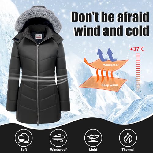 WULFUL Women's Winter Coats Long Warm Thicken Puffer Jackets Outwear With Removable Fur Hood3