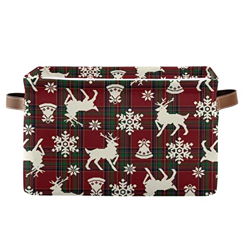 Image of Christmas Bells Reindeer Storage Basket Fabric Laundry Baskets Winter Snowflake Xmas Red Green Buffalo Plaid Storage Boxes Organizer Bag for Cloth Toy Book Storage Cubes Shelf Closet Bins 16x12x8
