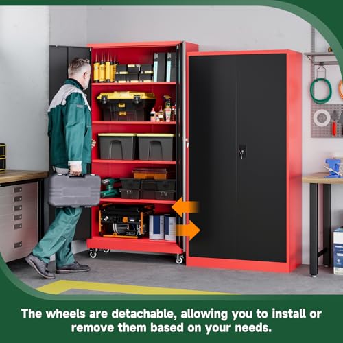 Image of Letaya Metal Garage Storage Cabinets with Lock Door and Adjustable Shelves, Steel Tool Cabinets for Home,Office,Warehouse Organisieren (Black Red, 74.41 inch H)