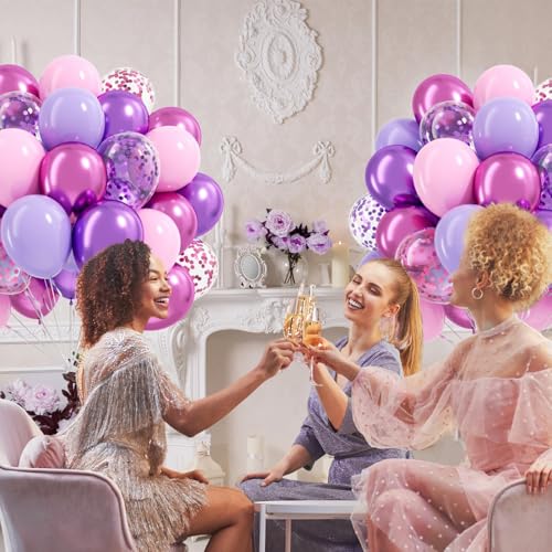 Image of 61pcs Pink and Purple Balloons, 12 Inch Purple Pink Confetti Balloons, Metallic Balloon with Ribbon for Bridal Baby Shower Wedding Women Birthday Party Decorations
