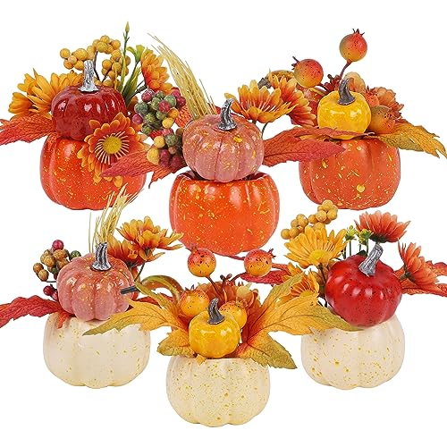 winemana Fall Decorations for Home - Set of 6 Artificial Pumpkins with Maple & Flowers, Thanksgiving Table Decor, Pumpkin Vases Centerpiece for Kitchen Office Indoor