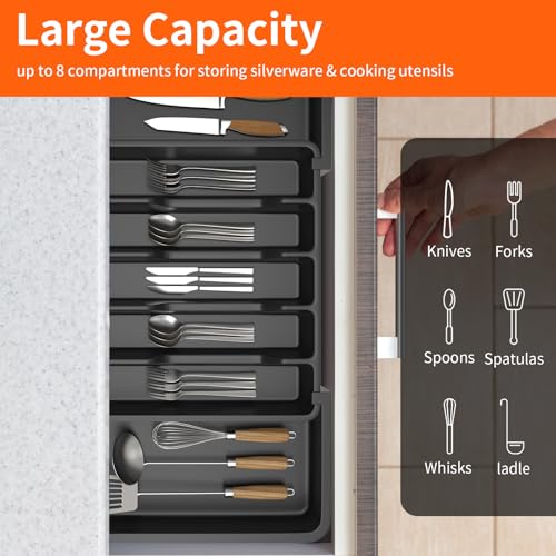 Cutlery Drawer Organiser, 33-57CM Expandable Utensil Tray for Kitchen with 8 Compartment Holders, Adjustable Silverware and Flatware Holder, Compact Plastic Storage Insert for Spoons Forks Knives - Image 5